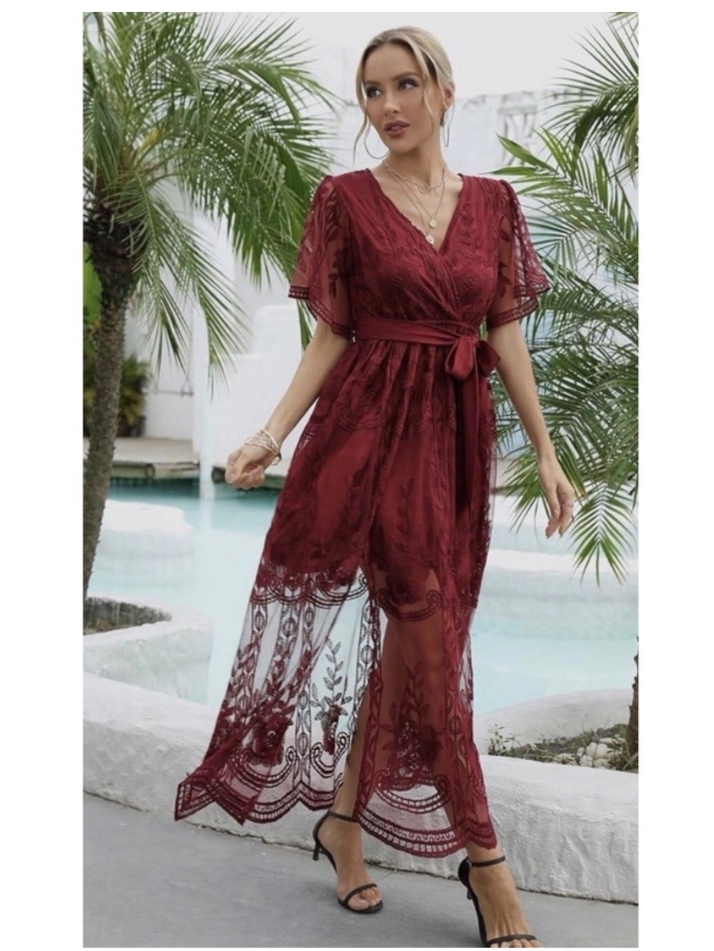 Elegant Crimson Lace V-Neck Maxi Dress